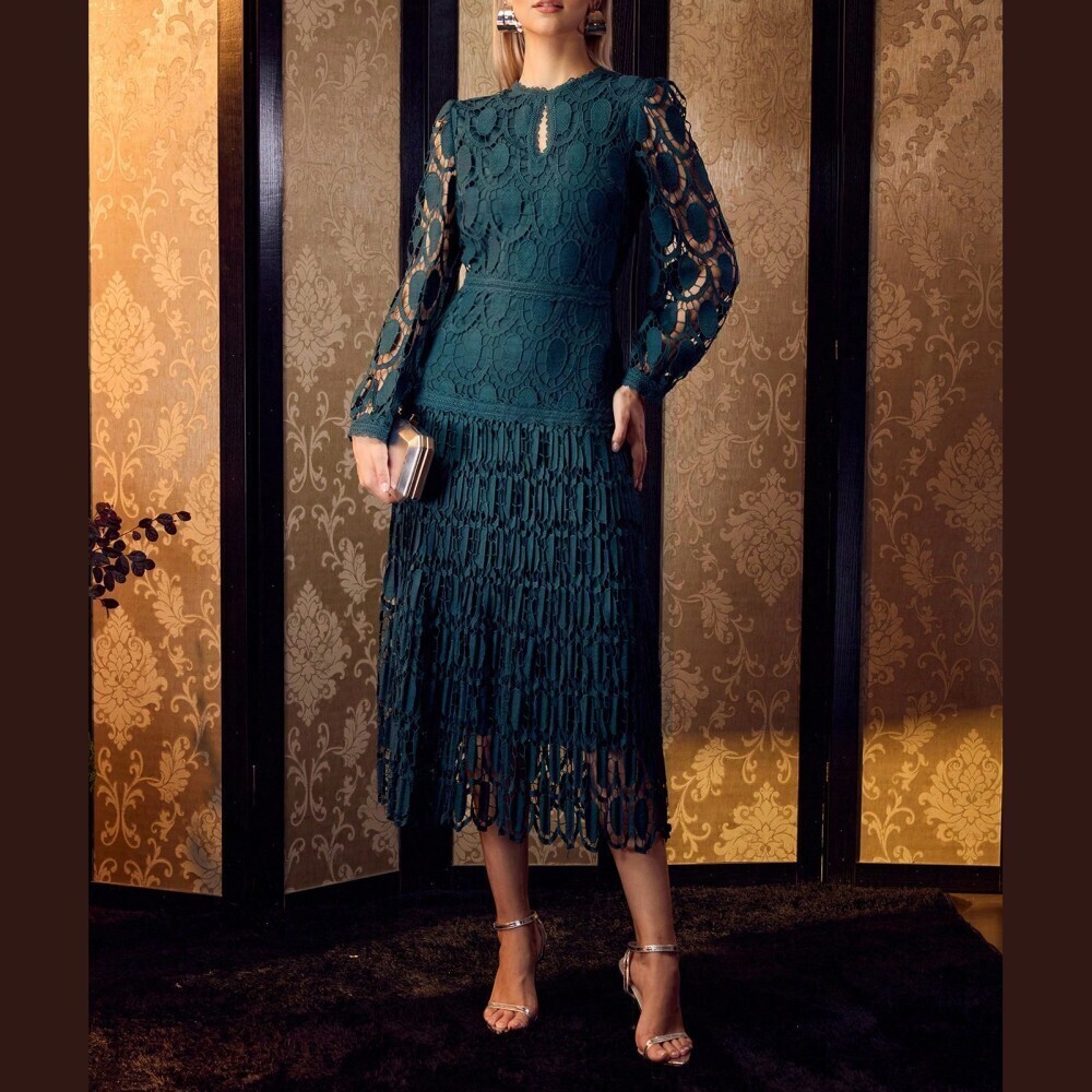 Dark Teal Blue Crochet Lace Keyhole Neckline Long Sleeve Midi Dress